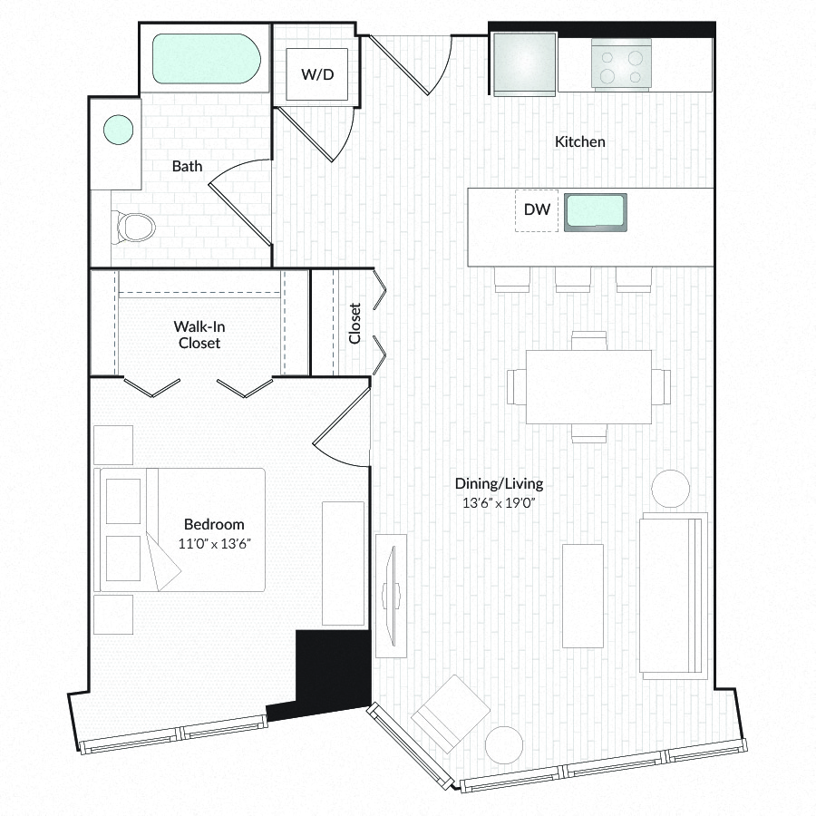 Floor plan for 1 bed, 1 bath, 802 sqft